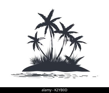 Small tropical island with palm trees silhouette. Vector illustration Stock Vector