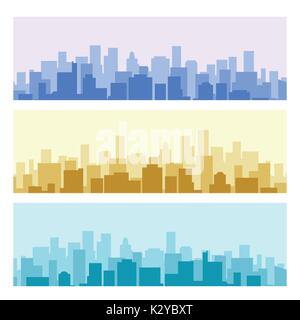 Blue and yellow daytime urban cityscape set. City landscapes or town construction vector backgrounds Stock Vector