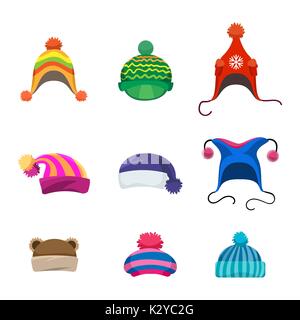 Pompons winter hats set isolated on white background, vector illustration Stock Vector