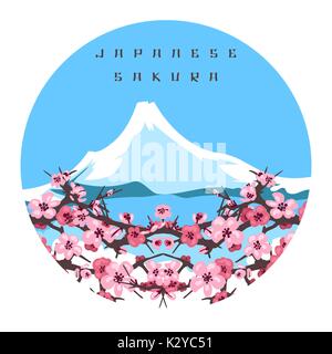 Japanese sakura and Fuji mountain colorful banner, vector illustration Stock Vector