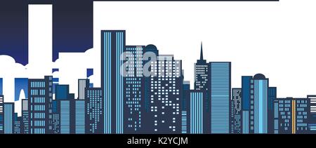 Neon lights modern cityscape horizontal seamless pattern. Futuristic city architecture background with blue lights vector illustration Stock Vector