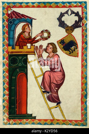 Graf Kraft von Toggenburg - portrait of the Minnesinger, or medieval German courtly love poet. Illustration from the Codex Manesse, around 1300. Count Kraft von Toggenburg, the poet climbs a ladder to reach his beloved.  Minnesang. Minnesänger. Mittelhochdeutsch. Middle High German. Knight. Illumination. Chivalry. Stock Photo