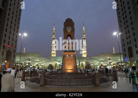 The Madina Clock Tower, also known as the Abraj Al-Bait Clock Tower, is a iconic landmark in Madinah, Saudi Arabia. Stock Photo