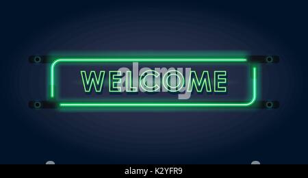 Welcome. Green neon sign on dark background. Vector illustration Stock Vector