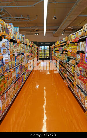 Food aisle with no people in a grocery store, Vancouver, BC, Canada Stock Photo