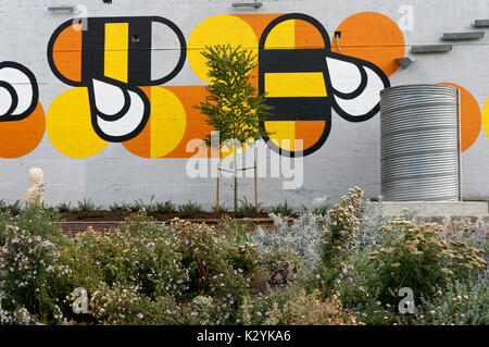 Fifth and Pine pop-up park and pollinator project with bee habitat, Vancouver, BC, Canada Stock Photo