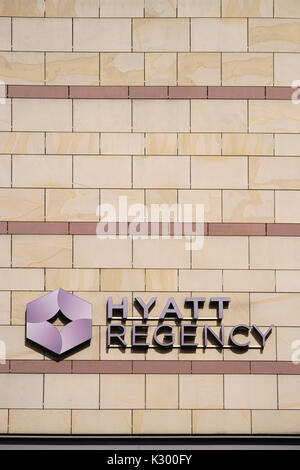 Mainz, Germany - August 21, 2017: The logo of the hotel Hyatt Regency on a tufted exterior facade on August 21, 2017 in Mainz. Stock Photo