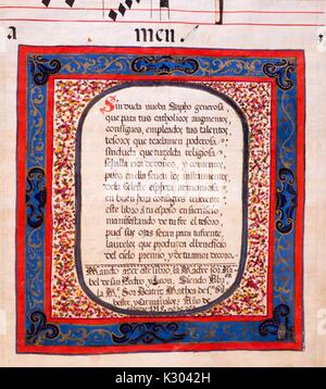 Illuminated manuscript page displaying text surrounded by an ornate border, from a Latin manuscript compiled in Spain in the 18th century, 1715. Stock Photo