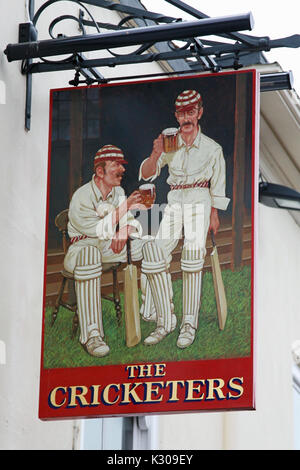 Pub sign for the Cricketers in Canterbury, Kent, England Stock Photo