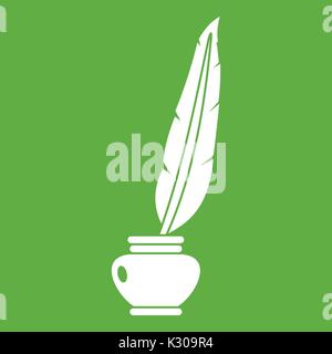 Feather quill pen standing in bottle of ink icon green Stock Vector