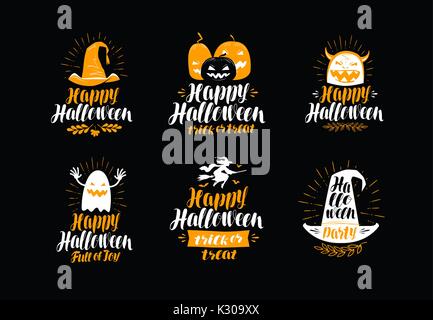 Happy Halloween, greeting card. Holiday symbol or label. Lettering vector illustration Stock Vector