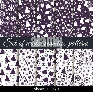 Set of winter seamless patterns with snowflakes, Christmas trees and toys. Christmas seamless patterns. Set vector illustration. Stock Vector