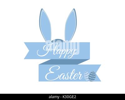 Happy easter. Ribbon, Easter eggs and rabbit ears on a white background. Vector illustration Stock Vector