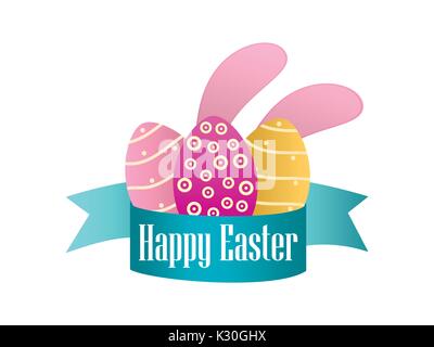 Happy easter. Ribbon, Easter eggs and rabbit ears on a white background. Vector illustration Stock Vector