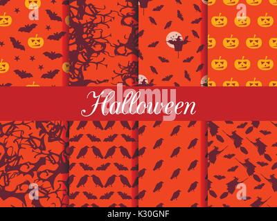 Halloween seamless patterns. Pattern with Lamp Jack, witch with bats and crows. Vector illustration set. Stock Vector