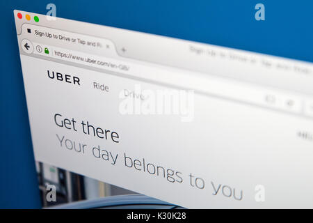 LONDON, UK - AUGUST 7TH 2017: The homepage of the official website for Uber - the operator of the Uber car transportation mobile app, on 7th August 20 Stock Photo