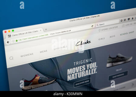 LONDON, UK - AUGUST 10TH 2017: The homepage of the official website for Clarks, the British-based shoe manufacturer and retailer, on 10th August 2017. Stock Photo