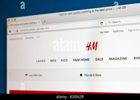 LONDON, UK - AUGUST 10TH 2017: The homepage of the official website for H&M, the Swedish multinational clothing retail company, on 10th August 2017. Stock Photo