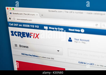 LONDON, UK - AUGUST 10TH 2017: The homepage of the official website for ScrewFix, the British retailer of trade tools, accessories and hardware produc Stock Photo