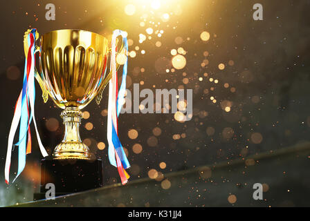 Low key golden trophy on the blur gray background with abstract shiny lights .