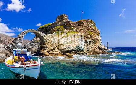 Authentic traditional islands of Greece - Andros. View with old fortress and bridge Stock Photo