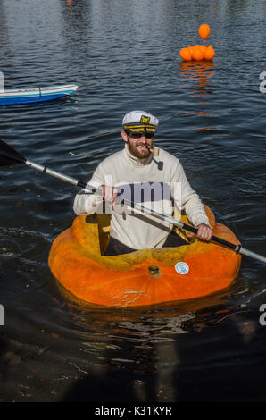 SALT LAKE CITY, UT - OCTOBER 17: Man dressed up to participate in the 5th Annual Ginormous Pumpkin Regatta 2015 at Sugarhouse Park on October 17, 2015 Stock Photo