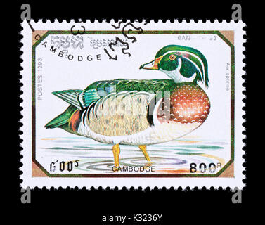 Postage stamp from Cambodia depicting a wood duck or Carolina duck (Aix sponsa) Stock Photo