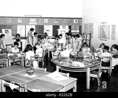 At an elementary demonstration school of Johns Hopkins University, students in Ms Ethel Brand Ford's first grade class sit at tables performing school work with crayons and workbooks, while two girls give a lesson with a calendar at the front of the room, beside Ms Ford who helps a line of students waiting to use the freestanding abacus for mathematics, Baltimore, Maryland, June, 1955. Stock Photo