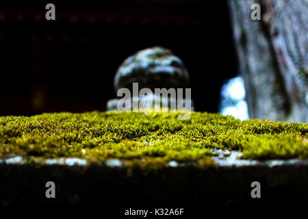 Mossy stone lantern with close-up detailed view Stock Photo