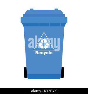 Blue Trash with Recycle bin icon, isolated on white background, flat design style - Vector Ilustration Stock Vector
