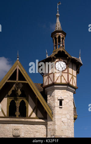 Clock tower, Place des Cornieres, Castillonnès, Lot Valley, France Stock Photo