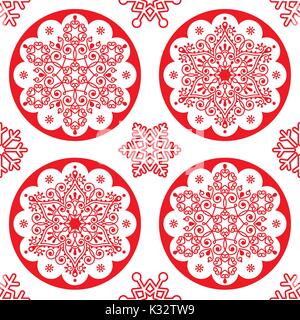 Christmas vector folk pattern - red snowflake mandala seamless design, Scandinavian style Xmas wallpaper, wrapping paper or textile Stock Vector
