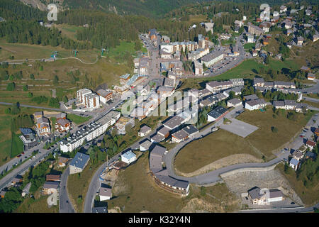 AERIAL VIEW. Ski resort in the summer. Valberg, Péone, French Riviera's hinterland, Alpes-Maritimes, France. Stock Photo