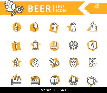 Set of vector beer and bar, pub line icons. Alcohol, bottle, mug, barley, hop, barrel, ale, froth, keg, beaker, jar and more. Editable Stroke. Stock Vector