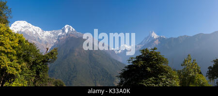 Panoramic view of the Machapuchare from Chomrong, on the Annapurna Base Camp Trek, Nepal Stock Photo