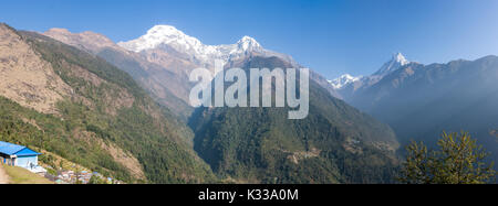 Panoramic view of the Machapuchare from Chomrong, on the Annapurna Base Camp Trek, Nepal Stock Photo