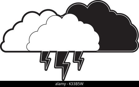 clouds with lightnings in black section silhouette on white background Stock Vector