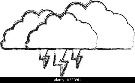 clouds with lightnings in blurred silhouette on white background Stock Vector