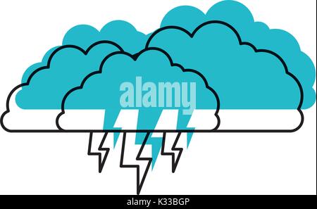 clouds with lightnings in blue watercolor silhouette on white background Stock Vector