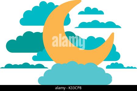 moon and clouds in night landscape in colorful silhouette on white background Stock Vector