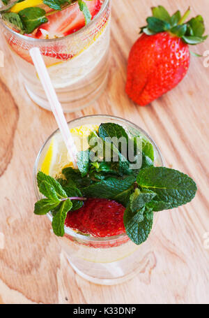homemade lemonade with strawberries and mint in a glass, selective focus Stock Photo