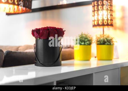 Roses in black box standing on the white table Stock Photo