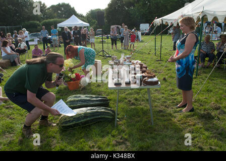 Village fete uk summer Cudham Kent 2010s. Prize winning huge over sized marrows and home made produced jams cakes etc along with the silver trophy cups and awards. The audience is waiting in anticipation. The judges are checking everything is in order. The Mayor of Bromley, Cllr Kathy Bance MBE watches on. Uk 2017 HOMER SYKES Stock Photo