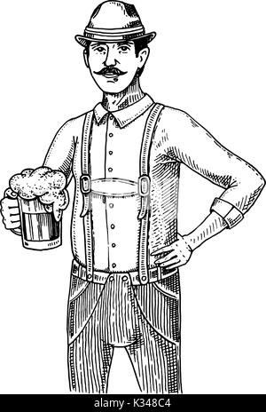 A man in traditional Belgian or Bavarian clothes with beer. engraved in ink hand drawn in old sketch and vintage style for web or pub menu. design of oktoberfest. Stock Vector