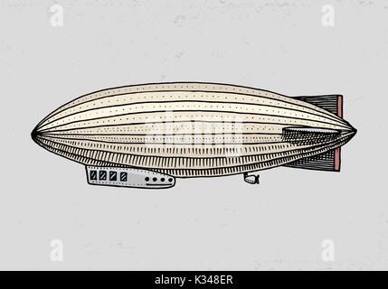 airship or zeppelin and dirigible or blimp. For travel. engraved hand drawn in old sketch style, vintage transport. Stock Vector