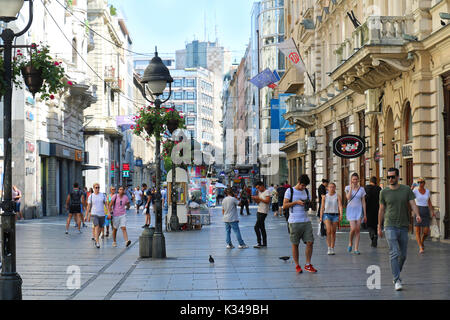 BELGRADE, SERBIA - August 04: Walking street Kneza Mihaila with people walking fast in Belgrade, Serbia - August 04, 2017; Famous walking street with  Stock Photo