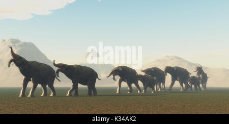 Deinotherium Herd - A herd of Deinotherium mammals head to a watering hole in the Pleistocene Period of Africa. Stock Photo