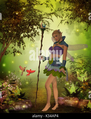 A male and female Cardinal bird try to get the attention of Fairy Katria in the magical forest. Stock Photo