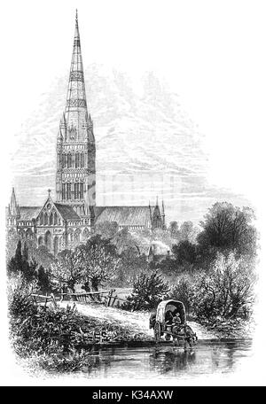 1870: A horse and cart by the River Avon, with the early English Gothic Salisbury Cathedral in the background. Formally known as the Cathedral Church of the Blessed Virgin Mary, the main body of the cathedral was completed in 1258.  The cathedral has the largest cloister,  contains the world's oldest working clock (from AD 1386) and has the best surviving of the four original copies of Magna Carta. Wiltshire, England. Stock Photo