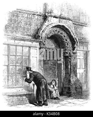 1870: An old man peering through the window of the Jew's House, built in the 12th Century one of the earliest extant town houses in England. It is situated on Steep Hill in Lincoln, immediately below Jew's Court.  The house has traditionally been associated with the thriving Jewish community in Medieval Lincoln. Following Anti-Semitic hysteria in the 13th Century the entire Jewish community was expelled from England, and the Jew's House was supposedly being seized from a Jewish owner. Lincolnshire, England Stock Photo